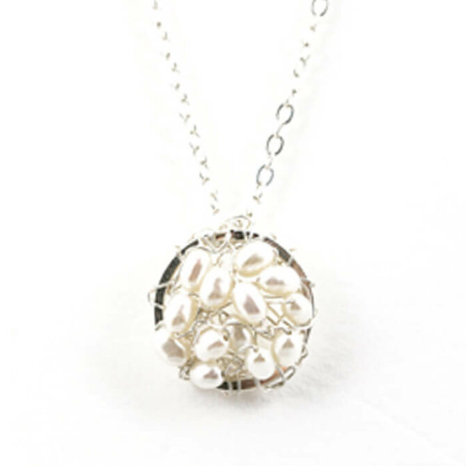 Crocheted Circle Silver Pendant with Fresh Water Pearls
