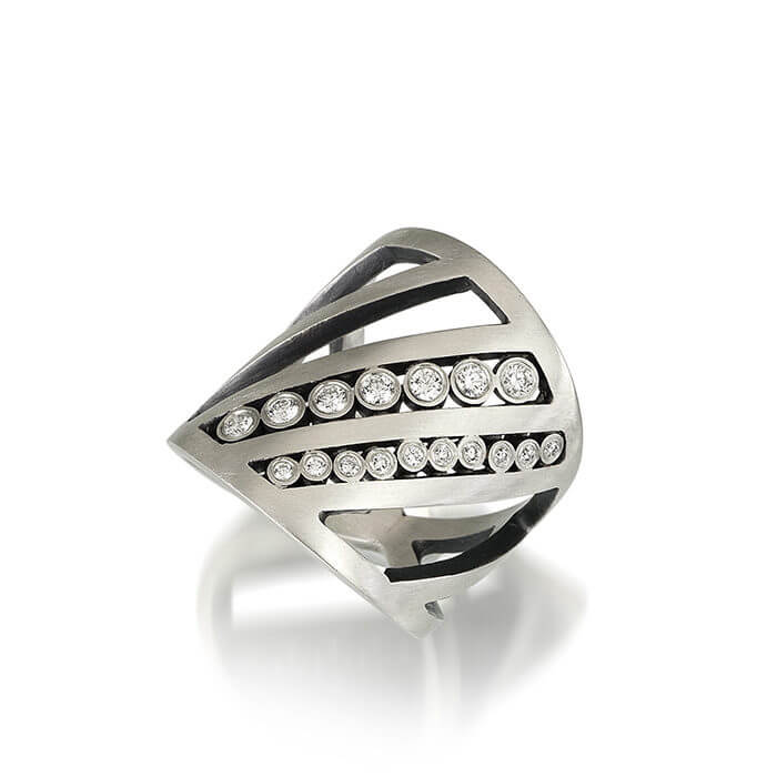 Wide Diagonal Line Ring In Sterling Silver w/Diamonds - Fine