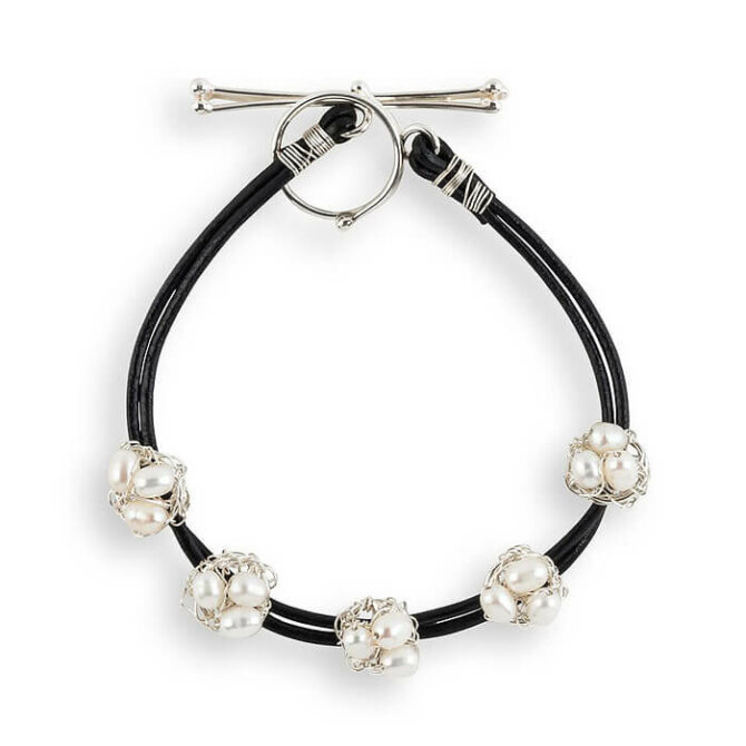 Sterling Silver and Leather  Bracelet with Mini-Crocheted Pearl Nests
