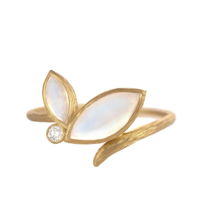18K Rainbow Moonstone and Diamonds Petal and Vine Ring