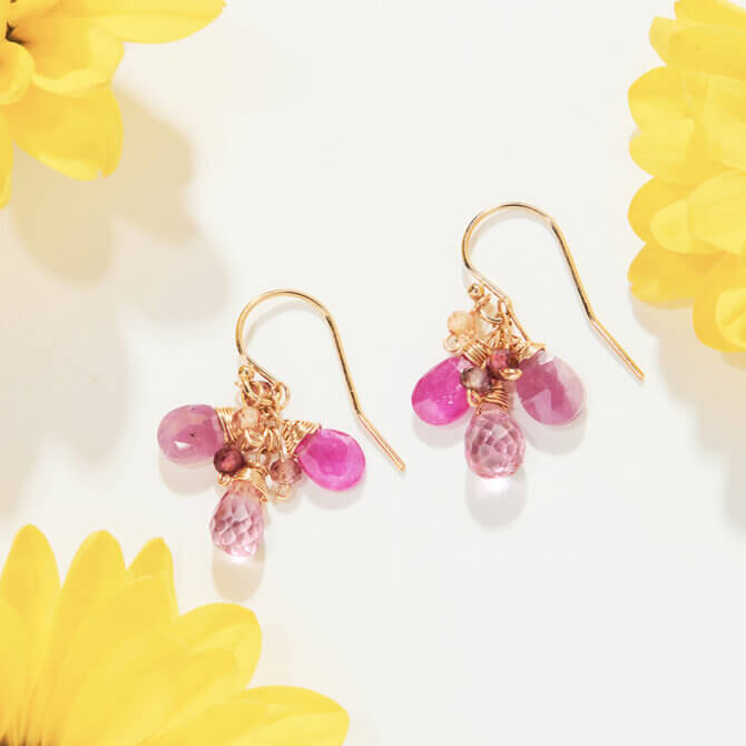 14K GF Peony Pink Sapphire/Topaz Cluster Earrings