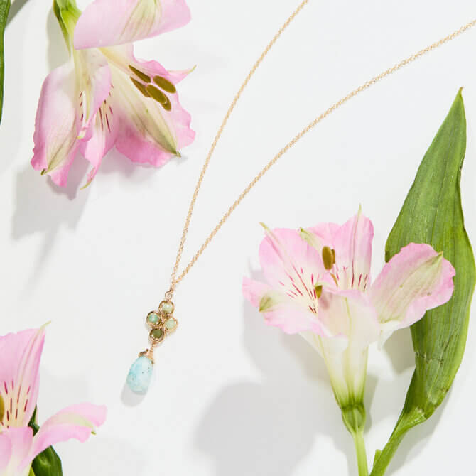 14K GF Peruvian Opal & Larimar Clover Necklace