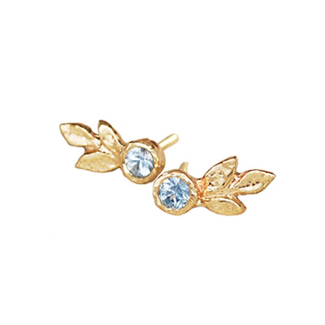 14K Three Leaf Stud Earrings w/Aquamarines