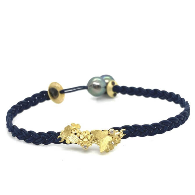 18K Flowers, Butterflies and Pearl Cord Bracelet