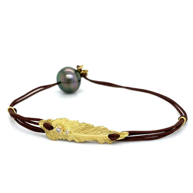 18K Leaf w/ Tahitian Pearl Cord Bracelet