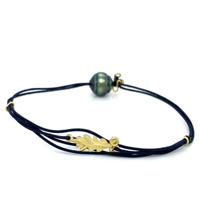 18K Leaf and Tahitian Pearl Cord Bracelet
