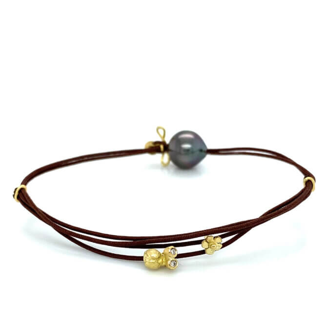18K Bug, Flower, and Tahitian Pearl Cord Bracelet