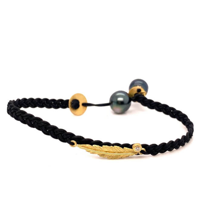 18K Leaf and Tahitian Pearl Cord Bracelet