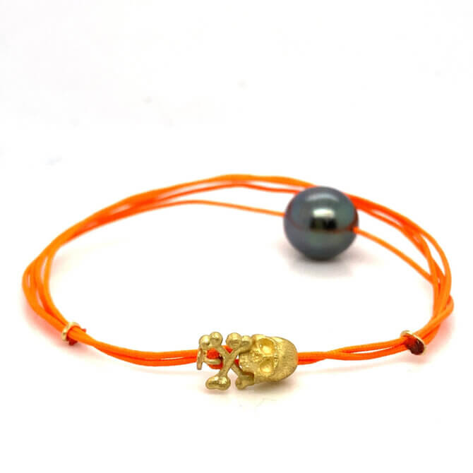 18K Skull & Cross Bones Pearl Cord Bracelet