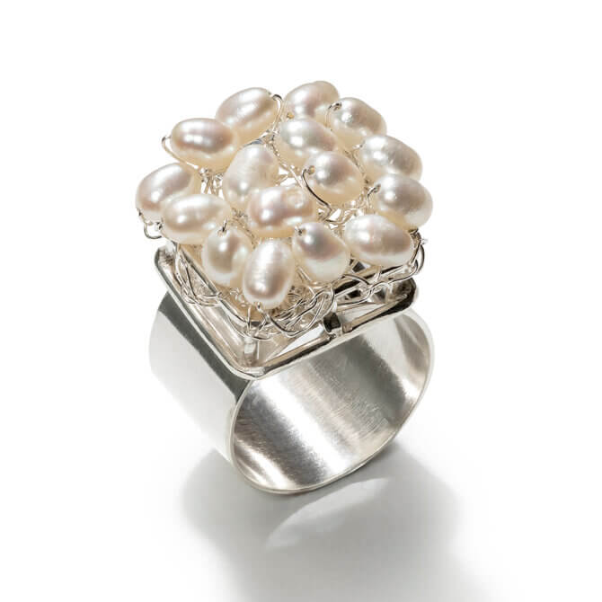 Sterling Silver Crocheted Pearl Cocktail Ring