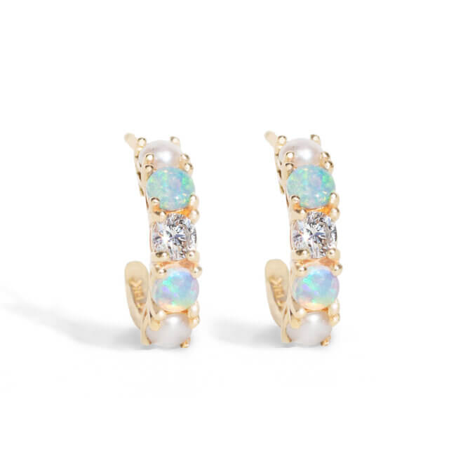 14K Opal Diamond Pearl Hoops