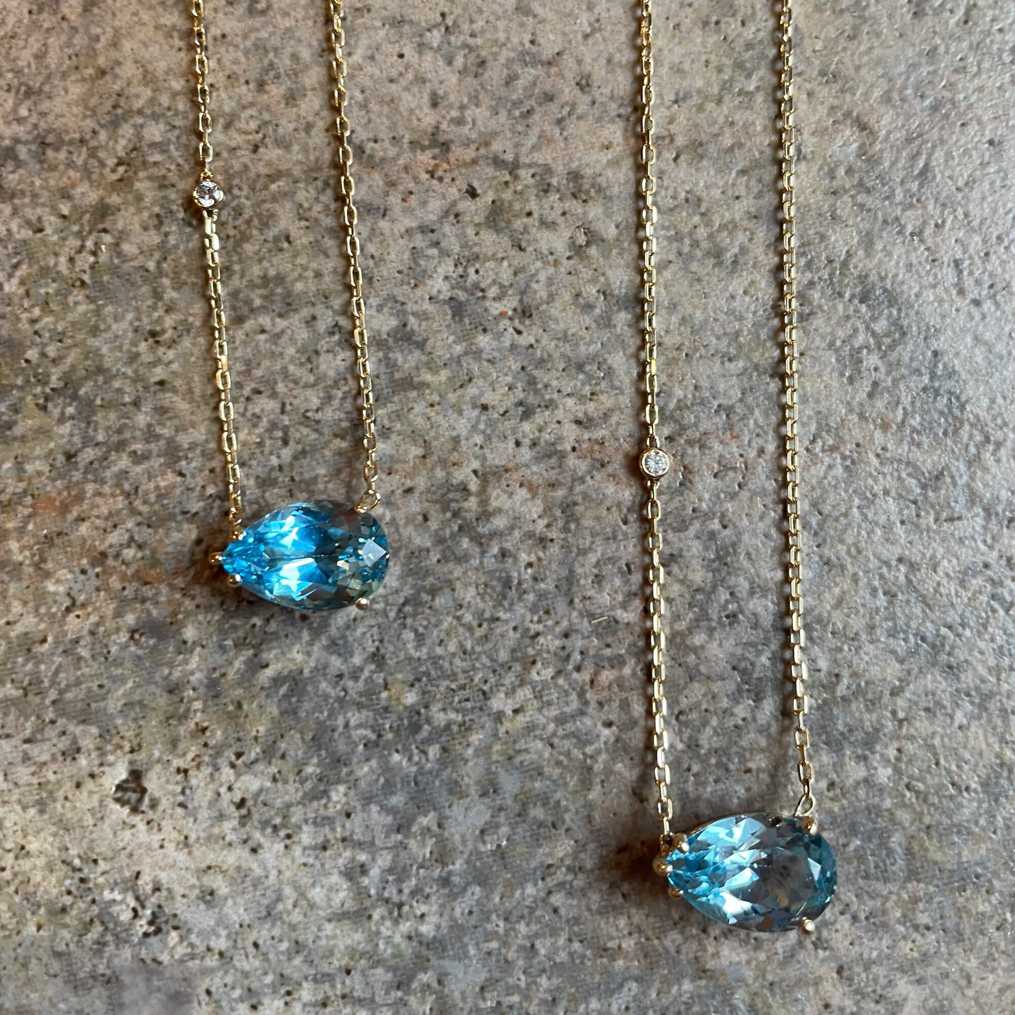 Before: Blue Topaz & Diamond Necklaces in 14K Yellow Gold, created for her granddaughters
