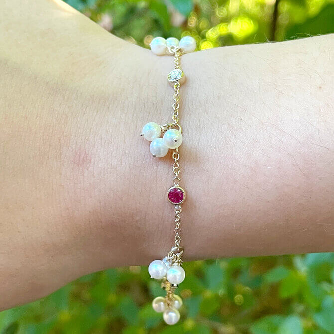 The finished bracelet designed to complement the client's pearl earrings.