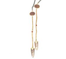 Lariat in hand-made dark rhodium plated and 14k gold chain with druzies, rutilated quartz and spessartite garnets from our Gemstone Roundtable.