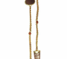 Lariat in hand-made dark rhodium plated and 14k gold chain with druzies, rutilated quartz and spessartite garnets from our Gemstone Roundtable.