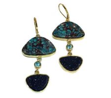 The stones for these earrings include Chinese turquoise, black drusy and apatite purchased during our Gemstone Roundtable. They are set in 14k yellow gold by Dyanne Belle.