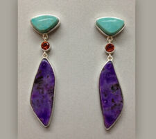 Earrings of Turquoise, spessartite garnet and sugilite from our Gemstone Roundtable set in sterling silver.