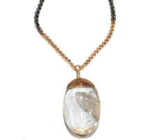 Unusual quartz included with quartz crystal from our Gemstone Roundtable set in 14K rose gold with 14K rose gold and dark rhodium plated hand-made chain.