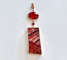 Set Purchased at Our Gemstone Roundtable. Rhodolite Garnet Cabochon, Rutilated Quartz Set in 14K Yellow Gold