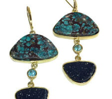 The stones for these earrings include Chinese turquoise, black drusy and apatite purchased during our Gemstone Roundtable. They are set in 14k yellow gold by Dyanne Belle.