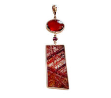 Set Purchased at Our Gemstone Roundtable. Rhodolite Garnet Cabochon, Rutilated Quartz Set in 14K Yellow Gold